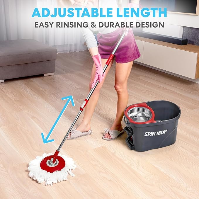 SIMPLI-MAGIC 79349 Spin Mop Cleaning System with 3 Microfiber Mop Heads, Red/GRAY,Red/Black
