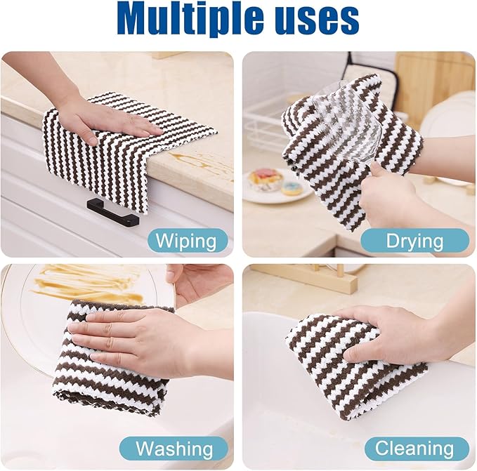 Homaxy 24 Pack Kitchen Dish Cloths, Ultra Soft and Absorbent Dish Towels, Reusable Fast Drying Microfiber Cleaning Cloth, Coral Velvet Wave Design No-lint, 10 x 10 inches, Brown