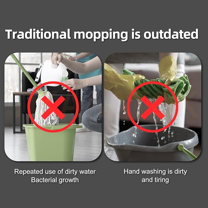 Spin Mop and Bucket Set with Self Separation System 360° Spinning Self-Wringing, Mops and Buckets for Floor Cleaning-with Replaceable Mop Cloths-2Pads-Dark Gray
