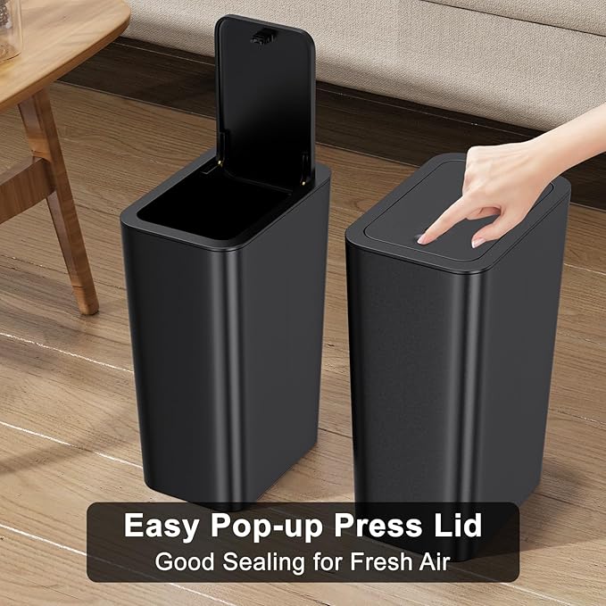 N. NETDOT 3 Pack 10 L/2.6 Gal Bathroom Trash Can with Lid, Small Kitchen Trash Bin with Press Type Lid, Black Trash Can/Slim Garbage Cans/Trash Bin/Waste Basket for Bathroom,Kitchen,Office,Bedroom