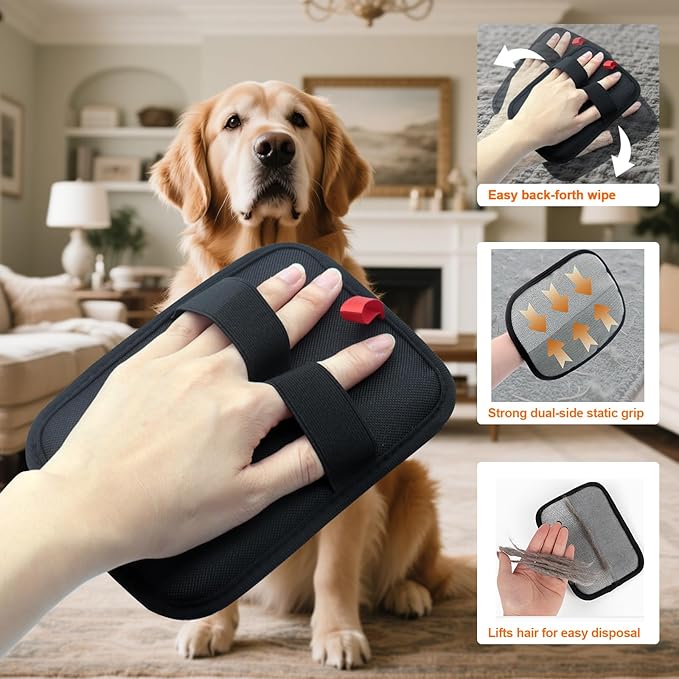 QVJFZUD Pet Hair Removal Glove for Small Hands, 2Pcs Electrostatic Dog Cat Hair Remover Gloves for Furniture Car Seat Couch, Reusable Grooming & Shedding Tool with Free Steel Comb & Toothbrush