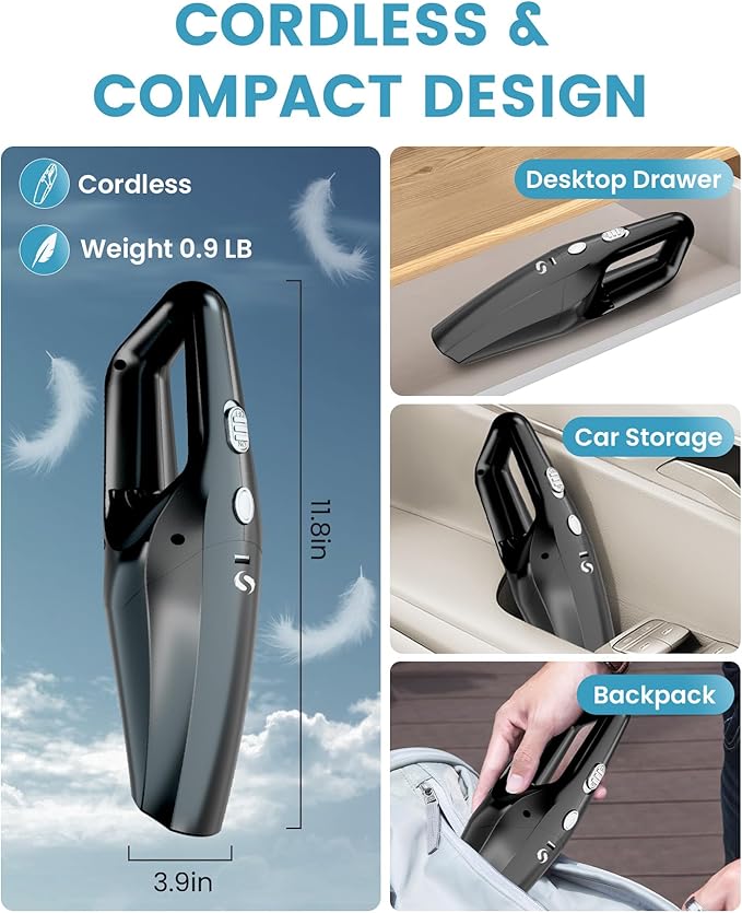 SERVOMASTER Handheld Vacuum Cordless Cleaner, Portable Mini Car Handheld Vacuum, Vacuum Portable with HEPA Filter, Hand Held Cordless for Car Accessories, Pet Hair, Home, Office Black White