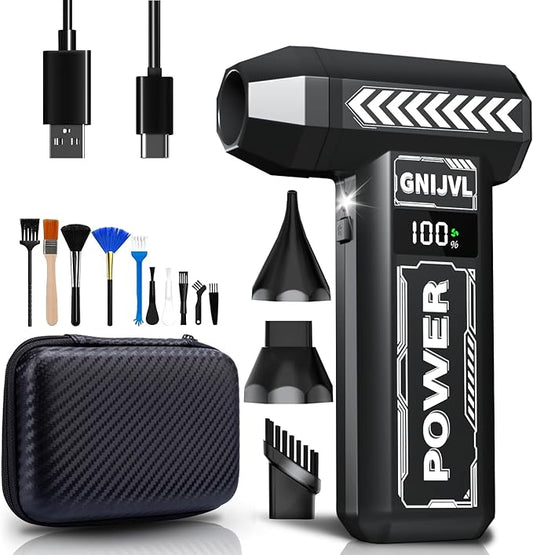 Electric Air Duster, 150000RPM Brushless Motor 4-Gear Adjustable Compressed Air Duster with LED Light,One-tap Booster with 8000mAh Rechargeable Battery, With storage bag for PC, Car, House, Outdoor