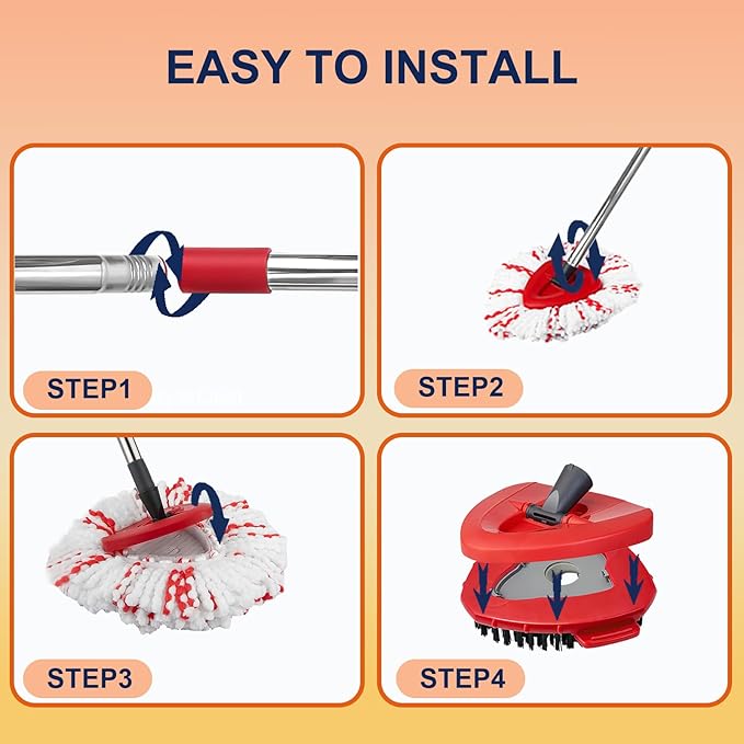 Spin Mop Replacements for O-Cedar EasyWring 1-Tank System: 4 Large Microfiber Mop Head Refills , Dual-Action Scrubber Brush, Adjustable Stainless Steel Handle, Durable Triangular Base