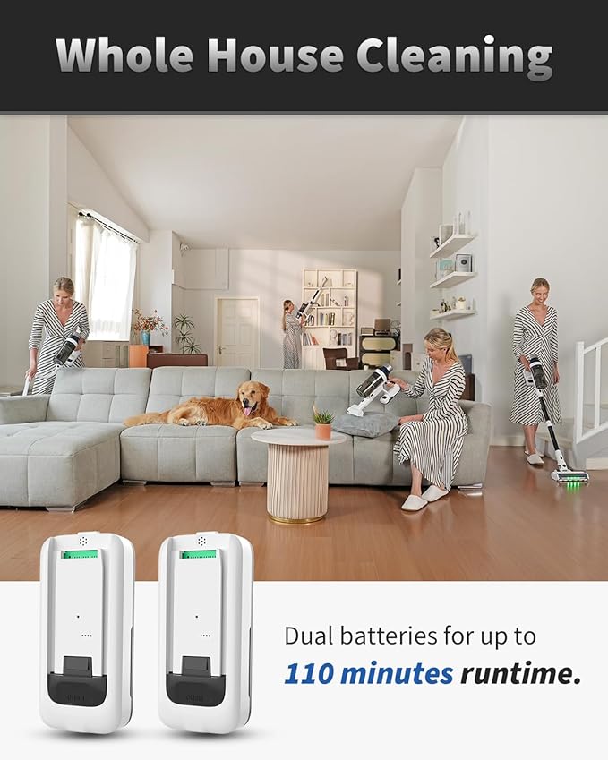 NuYupo Cordless Vacuum Cleaner, 2 Batteries 110 Mins Runtime Vacuum Cleaners for Home, 550W 45KPA 15-in-1 Stick Vacuum with Charging Dock, Handheld Vacuum Cordless for Pet Hair Carpet Hardwood Floor