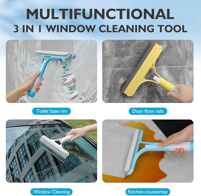 3 in 1 Spray Window Squeegee Cleaner Scraper, WindowSqueegee with Brush and Built-in Spray BottleAll-Purpose Shower Glass, Mirrors, Car, Home Window Cleaner Tool (Yellow)