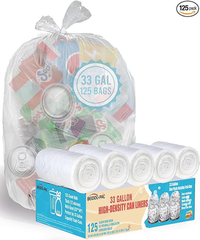 BEIDOU-PAC 33 Gallon Trash Bags, 125 Count Bulk, Heavy Duty Clear Plastic Recycling Bags, Multi-purpose Garbage Bags for Home Commercial, Outdoor, Construction, Industrial, Lawn, Leaf