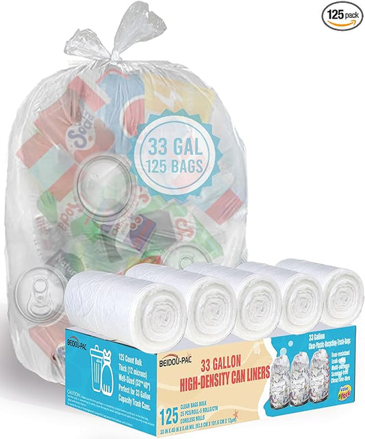 BEIDOU-PAC 33 Gallon Trash Bags, 125 Count Bulk, Heavy Duty Clear Plastic Recycling Bags, Multi-purpose Garbage Bags for Home Commercial, Outdoor, Construction, Industrial, Lawn, Leaf