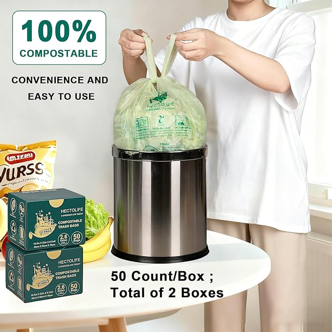 HECTOLIFE 2.6 Gallon 100 Count,Compostable Bags Handle Tie,Tear Resistant Kitchen Food Scrap Waste Bag, ASTM D6400, US BPI and Europe OK Compost Home Certified