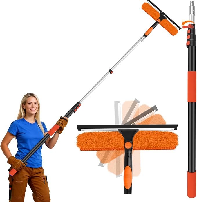 Jhkopqe 26FT Telescoping Window Cleaning Kit with 14" Squeegee - 2-in-1 Professional Window Scrubber & Extension Pole - Extra Long High-Reach Glass Cleaner Tool for Indoor & Outdoor High Windows, RV