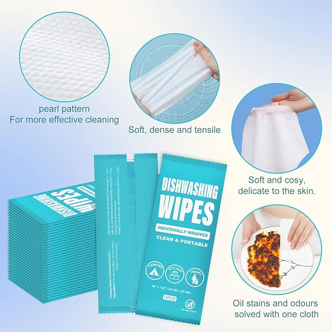 Dish Cleaning Wipes Individually Wrapped, Portable Kitchen Disposable Dish Soap Wipes Bulk Travel Size Quick Cleaning Dishwashing Pads for Outdoor Traveling/Camping/Hotel (50 Pcs)