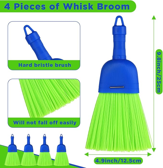 4 Pcs Whisk Broom, Poly Fiber Handheld Brush with Hanging Hole, Outdoor Car Hand Broom for Cleaning Indoor Porches, Floors, Decks, Driveways, Dust, and Dirt