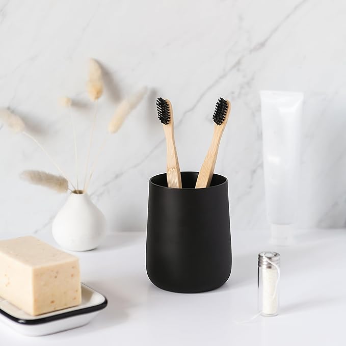 Yew Design Matte Black Toothbrush and Toothpaste Holder and Cup for Bathroom Vanity and Countertop, Round Organizer for Electric Toothbrushes, Floss, Razors, Cotton, and Mouthwash