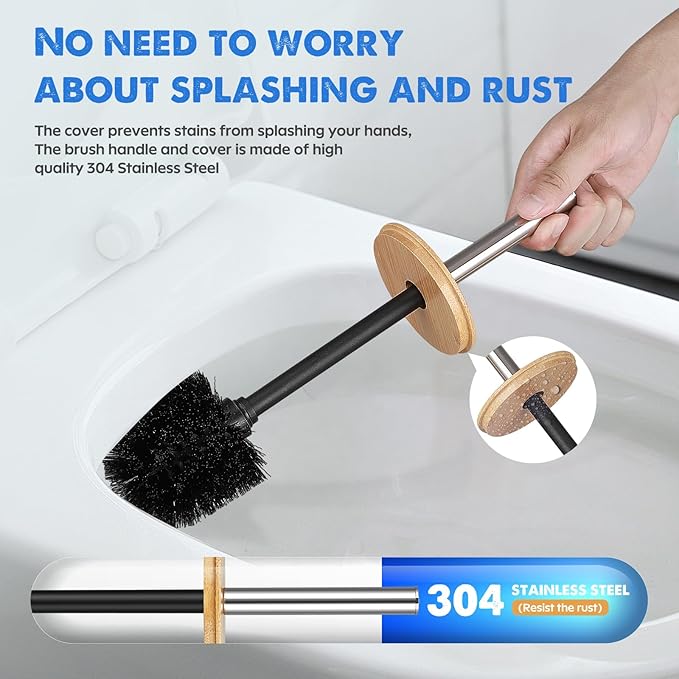 ODJSY Compact Toilet Brush and Holder 2 Pack,SetStainless Steel Handle Toilet Brush,Deep Cleaning,Durable Nylon bristles,Splash-Proof Design(White&Black)
