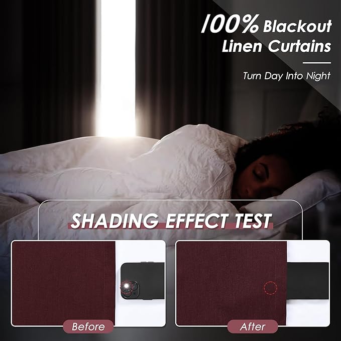 Nanspring Burgundy Linen Blackout Curtains 84 Inches Long Back Tab Rod Pocket Cooling Noise Reducing Thermal Insulated 100% Blackout 2 Panels Set for Bedroom Elegant Modern Curtains Drapes 52x84