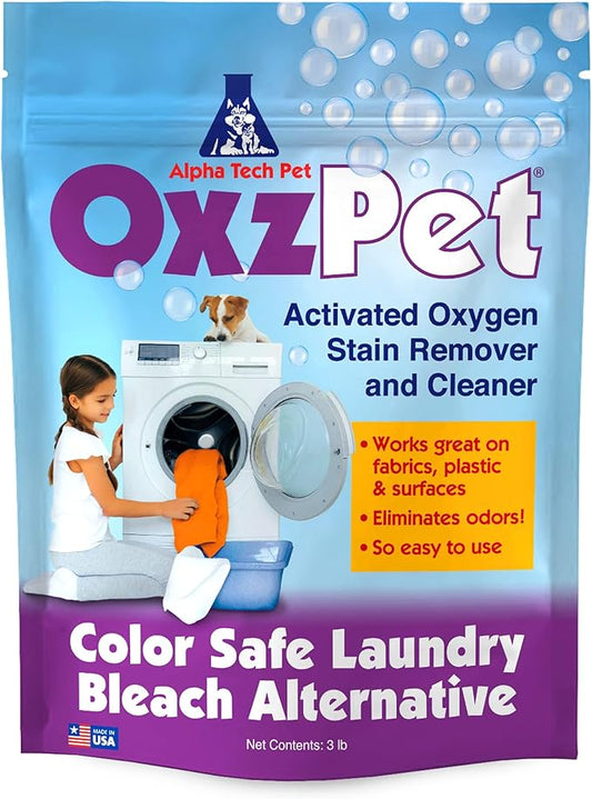 OxzPet Laundry Whitener - Color Safe Bleach Alternative, Stain and Odor Eliminator Pet Detergent for Fabrics and Surfaces, 3 LB by Alpha Tech Pet