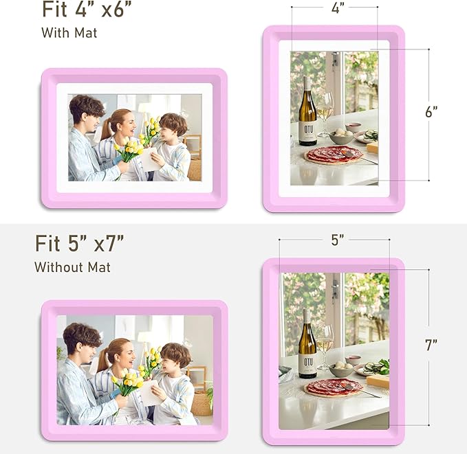 6-Pack 5x7 Picture Frame or 4x6 with Mat – Shatterproof Plastic Picture Frames for Family, Nursery & Playroom, Wall & Tabletop Frame for Home or Office, Safe Lightweight Design, Dreamy Pink