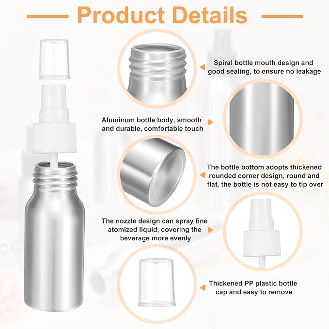 HARFINGTON Aluminum Fine Mist Spray Bottles 30ml/1oz Metal Small Liquid Alcohol Refillable Travel Container with White Plastic Nozzle Cap for Perfume Skincare Cosmetic Storage Bottle