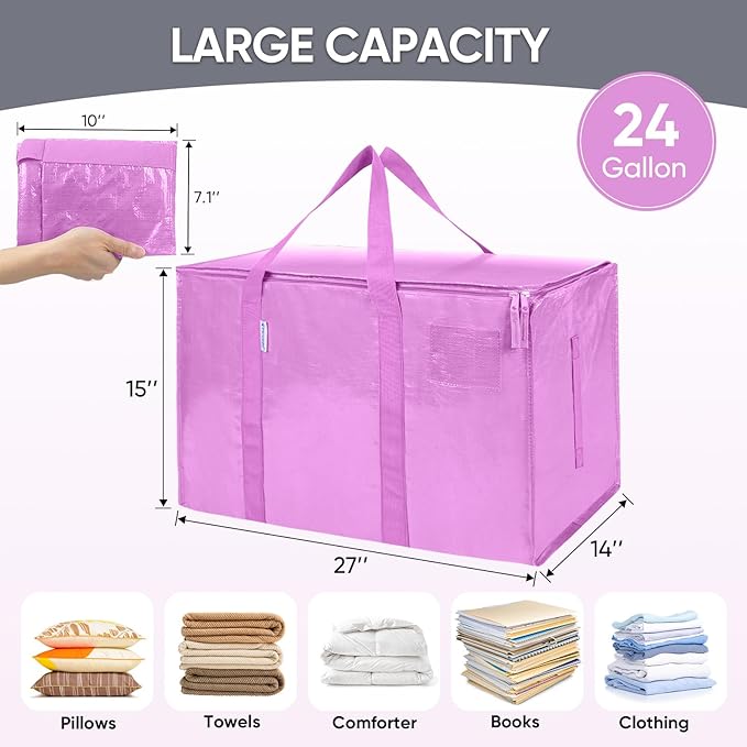 TICONN 8 Pack Extra Large Moving Bags with Zippers & Carrying Handles, Heavy-Duty Storage Tote Moving Boxes for Space Saving (8 Pack, Pink)