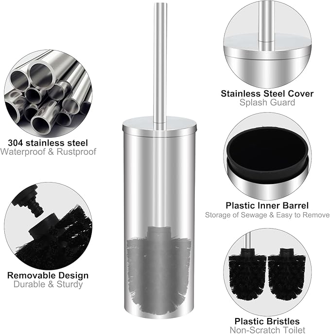 Toilet Brush and Holder Set - Stainless Steel Toilet Bowl Brush and Holder, Toilet Bowl Cleaner Brush for Bathroom (Silvery)