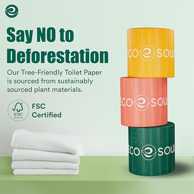 Eco Soul Premium Bamboo Toilet Paper 3 Ply | 36 Mega Rolls | 300 Sheets Each | FSC Certified Hypoallergenic, Textured & Skin-Friendly Septic-Safe Soft Bathroom Tissue Eco-Friendly Chemical & Dye Free