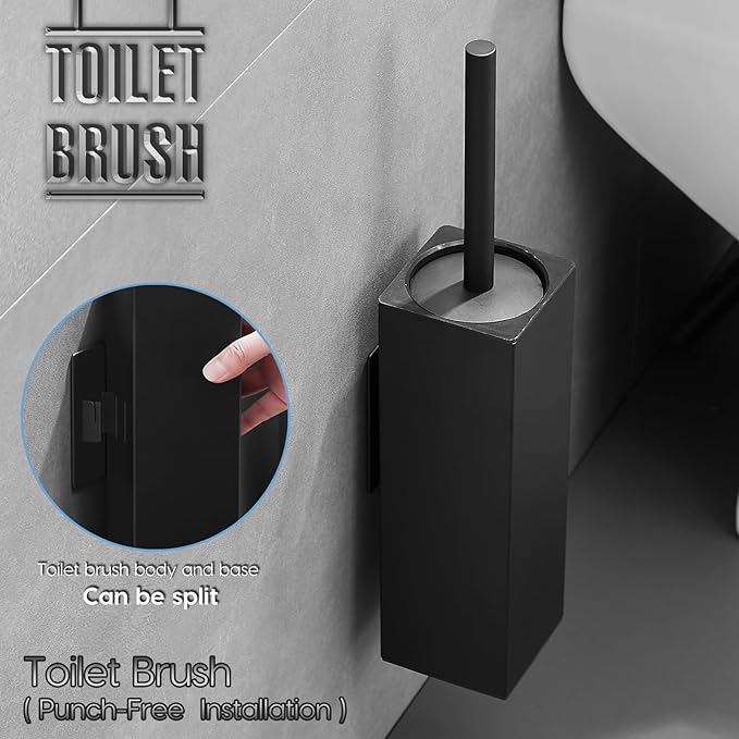Brushed Gold Stainless Steel Toilet Brush, Square No-Punch Hook Base Toilet Brush Holder Removable Inner Bucket and Splash Proof Cover - Soft Bristles (Non-Drill Square Plastic caps Black)