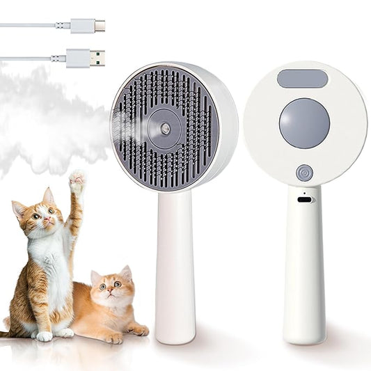 PHIXBEAR 3 in 1 Cat Steam Brush, Self-Cleaning Anti-Static Pet Spray Hair Removal Comb for Cats with Release Button and Tank, Rechargeable Steam Brush for Shedding, Massage and Cleaning