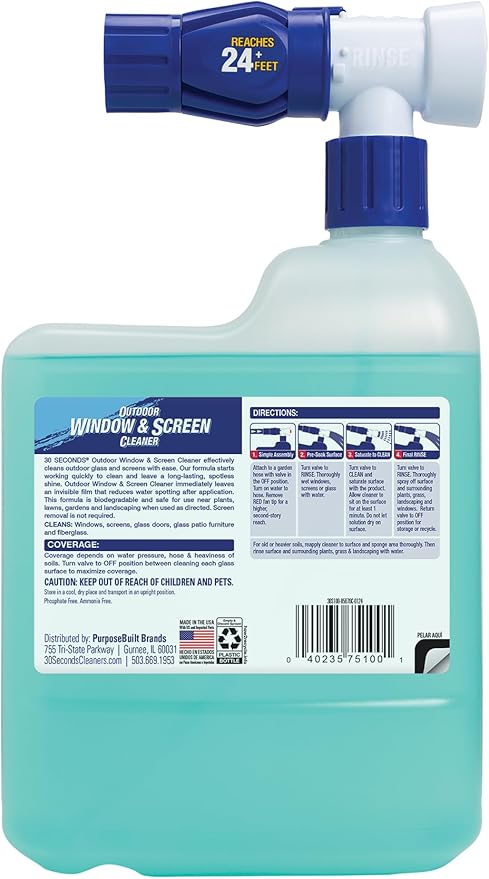 30 SECONDS Outdoor Window & Screen Concentrated Cleaner for Glass, Patio Doors, Fiberglass, Furniture - No Screen Removal Required, Spray & Rinse - Hose End Spray Attachment (2 PACK)