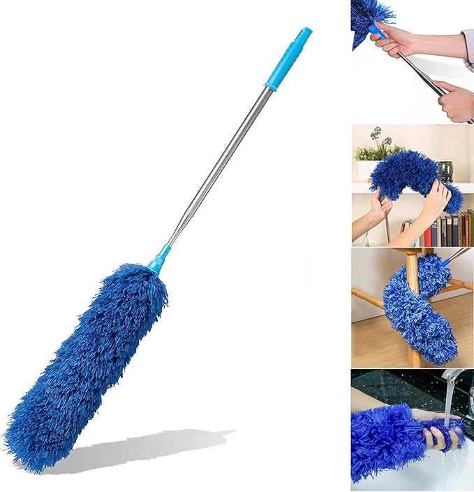 HEOATH Microfiber Feather Duster with Extendable Pole, 100 inches Extra Long Cobweb Duster for Cleaning, Bendable Head, Non-Scratch, Washable Duster for Ceiling, Fan, Furniture Blue