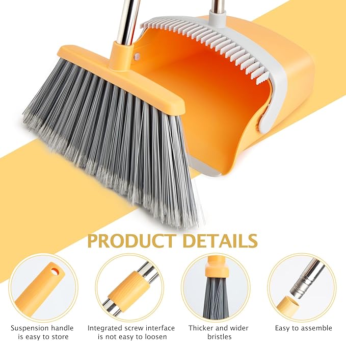 XXFLOWER Broom and Dustpan Set, Dustpans with Broom Combo for Home, Heavy Dust Dustpan and Broom Combo, Long Handle Dust Pan and Broom Set for Kitchen, Office, Pet Hair(Gray Yellow)