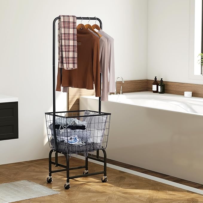 ALIMORDEN Laundry Cart with Clothes Rack, Rolling Laundry Cart with Wheels, Extra Large Basket, Black