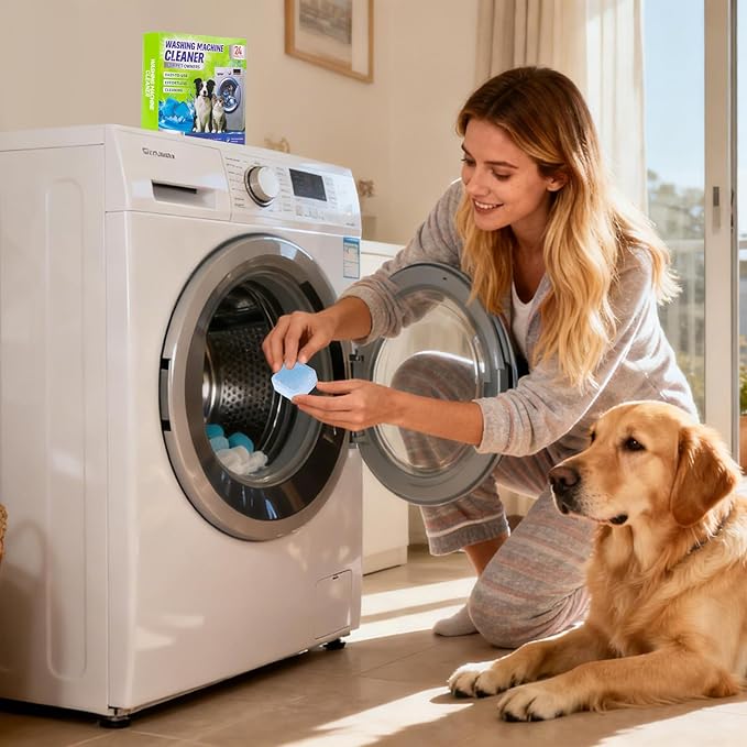 DKYM Washing Machine Cleaner Tablets for Pet Owners - Easily Removes Cat & Dog Hair, Urine, Odor,Residue,Front & Top Load Washer Machine Cleaner Deep Cleaning, Septic Safe, 24 Pack (12 Month Supply)