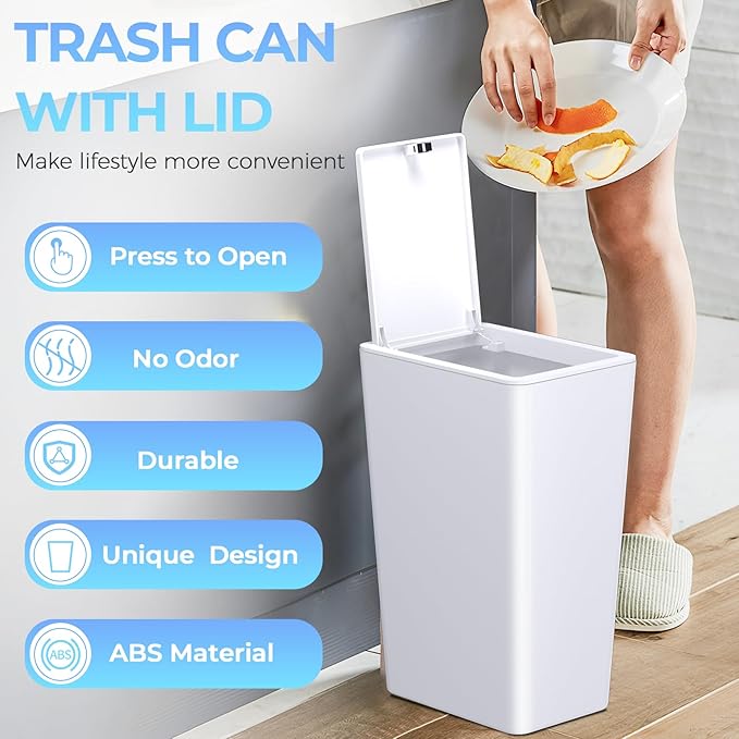 3 Pack 4 Gallon Bathroom Small Trash Can with Lid, 15L Slim Garbage Bin Wastebasket with Pop-Up Lid for Bedroom, Office, Kitchen, Dorm, Fits Under Desk