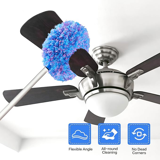 Heonay Ceiling Fan Cleaner Duster Reusable Microfiber Ceiling Fan Blade Cleaner Removable Duster with Extension Pole Adjusts 13 to 49.7 Inch for Cleaning Walls Furniture Door Window Top (Blue Pink)