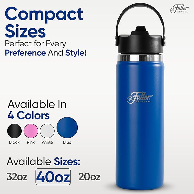 Fuller Stainless Steel Water Bottle with Straw Lid – BPA-Free, Sweat-Proof, Leak-Proof Travel Mug – Double Wall Insulated for Hot & Cold Drinks – Carry Handle (Mazarine Blue, 40 Oz.)