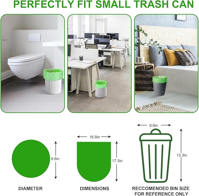 Compostable Trash Bags 2 Gallon - Inwaysin Bulk Mini Rubbish Waste Can Liners Unscented Strong Thick Biodegradable Tiny Kitchen Garbage Bags for Bathroom Office (Clear Green, 100 Counts)