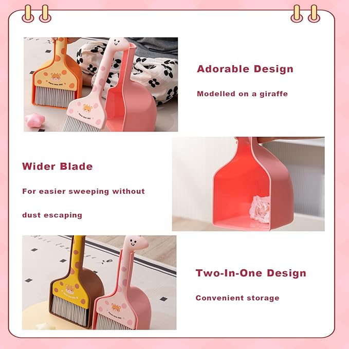 BSMstone Small Broom with Dustpan Combo Set Cartoon Mini Broom and Dustpan Set Cute Cleaning Kit for Home Office Floor Counter Pet Nest (Pink)