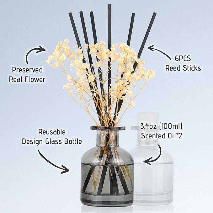 Brakula 2 Pack Reed Diffuser, White Jasmine + Eucalyptus & Wild Mint (3.38 fl oz Each Pack), Home Fragrance with 12 Sticks, Shelf Decor, Reed diffusers for Home