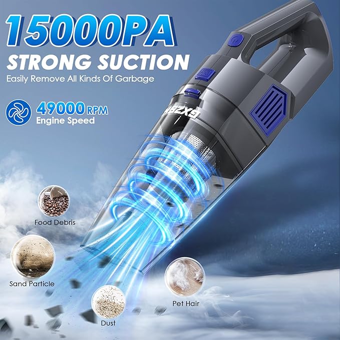 Gxzsk Handheld Vacuum Cordless, 15000PA Strong Suction Hand Held Car Vacuum Cleaner Rechargeable, Portable Hand Vacuum with Multi-Nozzles & Washable Filter for Home Office, Car, Pets