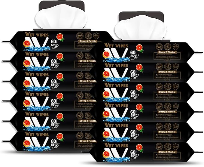 WBM Care Wipes for Adults, Blood Orange Scented & Flip Top Dispenser, For On-The-Go Cleanliness, All-Purpose Cleaner, Body Wipes, 60 Sheets (Pack of 12)