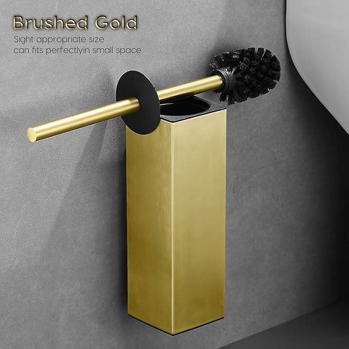 Brushed Gold Stainless Steel Toilet Brush, Square No-Punch Hook Base Toilet Brush Holder Removable Inner Bucket and Splash Proof Cover - Soft Bristles (Non-Drill Square Plastic caps Gold)