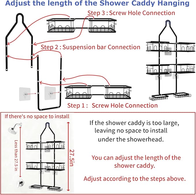 Dotpilgo Shower Caddy Hanging Upgraded Adjustable Rustproof Shower Caddy Shower Organizer for Over Handheld or Fixed Shower Heads with Hooks Soap Holder Toothbrush Holder