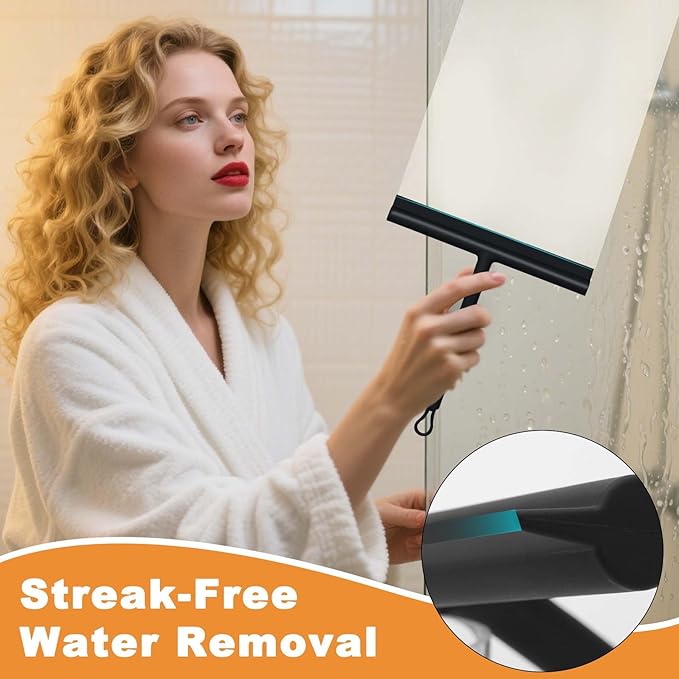 Squeegee for Shower Glass Doors, Resilient Loop - No-Drill & Adhesive Hook, Silicone Shower Squeegee with Stainless Steel Core, Cleaning Tool for Home, Kitchen, Bathroom & Car - Black