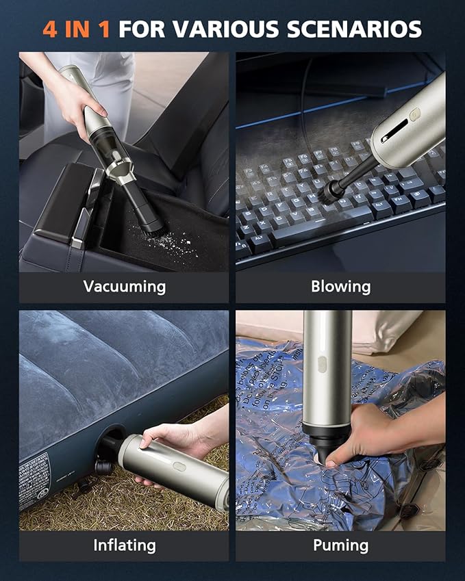 NOVARHOME Car Vacuum Portable with 16000Pa Powerful Suction, Handheld Vacuum Cordless Rechargeable Blow & Suction 4 in 1, Small Vacuum Cleaner for Car, Outdoor, Home, Office (Gold Renew)