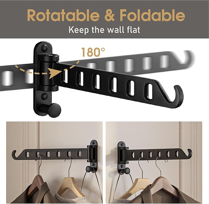 2-Pack Wall Mounted Clothes Drying Rack, Foldable Coat Hanger Holder, Space Saving Laundry Organizer, Sturdy and Durable Aluminum Design (Black)