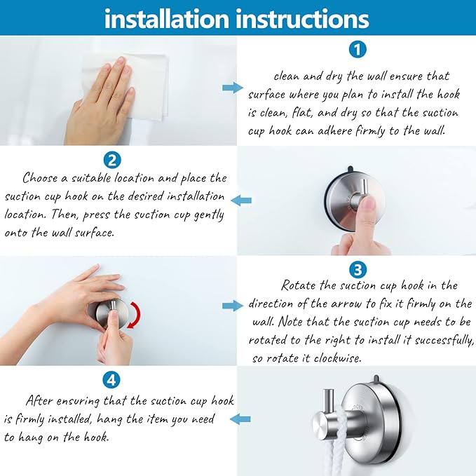 DGYB Suction Cup Hooks for Shower Set of 4 Brushed Nickel Towel Hooks for Bathrooms SUS 304 Stainless Steel Shower Hooks for Loofah 15 Lb Bathroom Hooks for Towels
