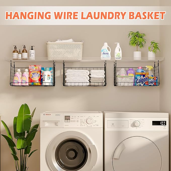 3-Pack Hanging Laundry Room Organizaton (No Shelve Included)：Foldable Laundry Wire Basket with 360°Rotating Hooks Small Space Organization Over Washer and Dryer Shelves, Closet Organizer, Black Patent