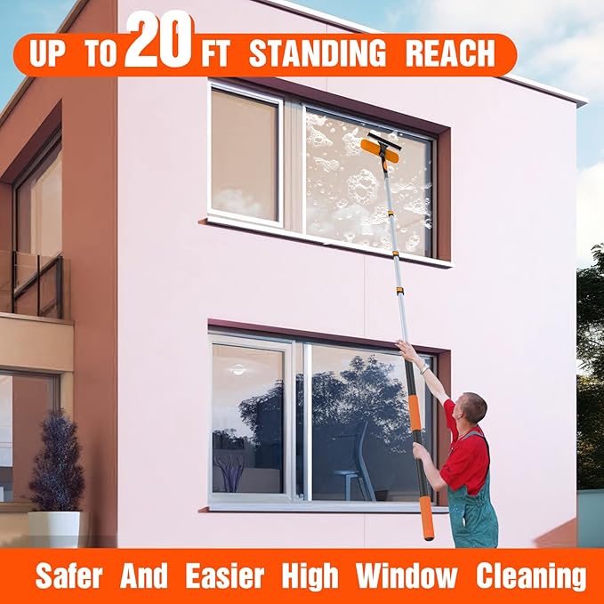LAANPOLE 20FT Window Squeegee with Extension Pole, 2-in-1 Squeegee for Window Cleaning, Professional Cleaning Kit for Home with 12FT Telescoping Pole for Outdoor Indoor Use