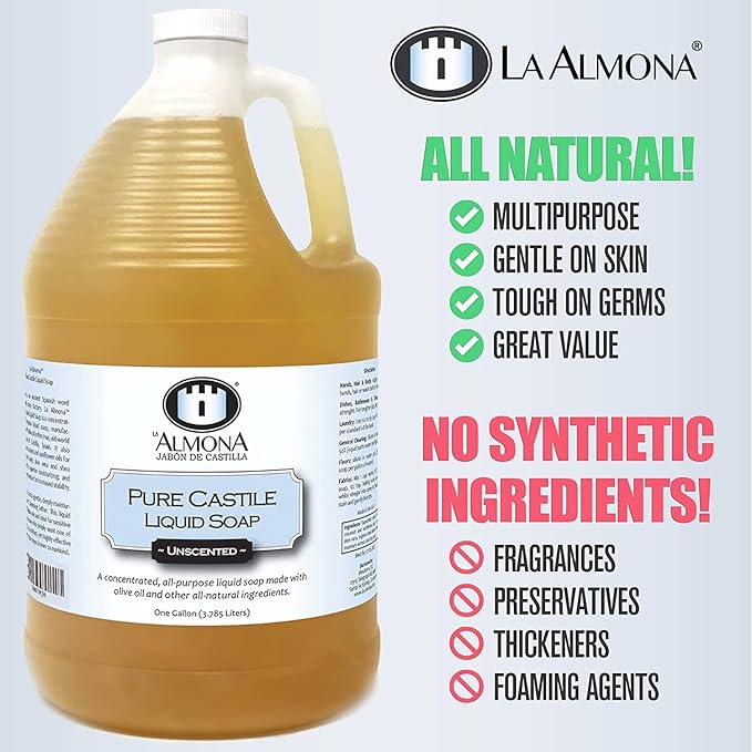 Pure Castile Liquid Soap, UNSCENTED, 2 Gallons - Multipurpose: Hands, Face, Body, Laundry, Dishes & More - For Sensitive Skin, All-Natural Ingredients, Fragrance Free