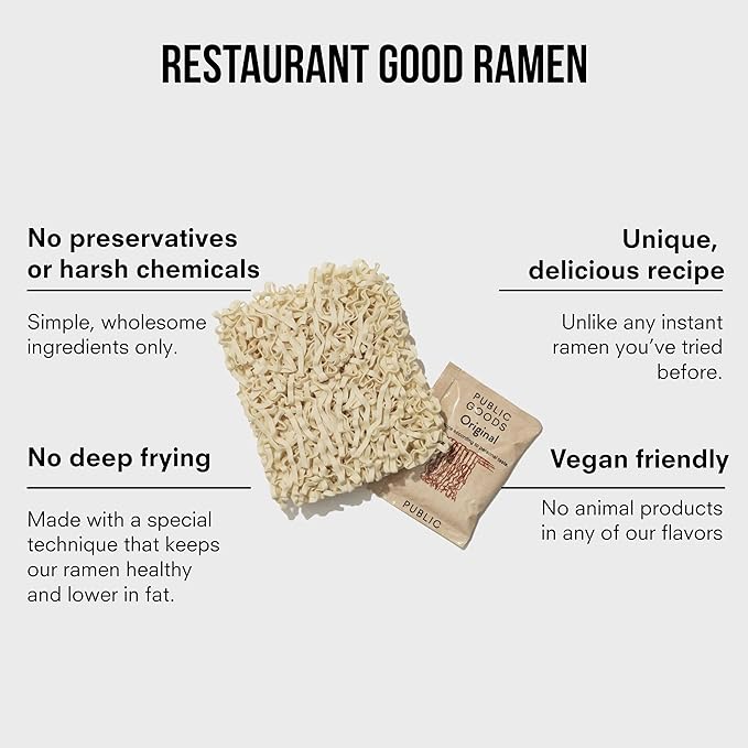 Public Goods Ramen Noodles | Brothless Vegan & Vegetarian Instant Ramen | Healthy, High Protein Asian Noodle | Preservative Free | No Added MSG | Original & Spicy Sesame Oil (10 Pack)